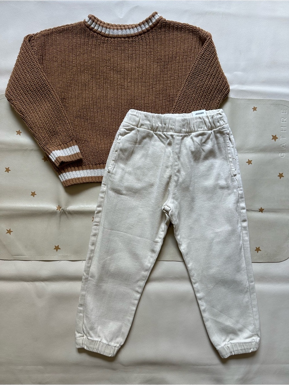 5t Little Co Caramel Knit Sweater & 4/5 Zara Cream Denim Pants